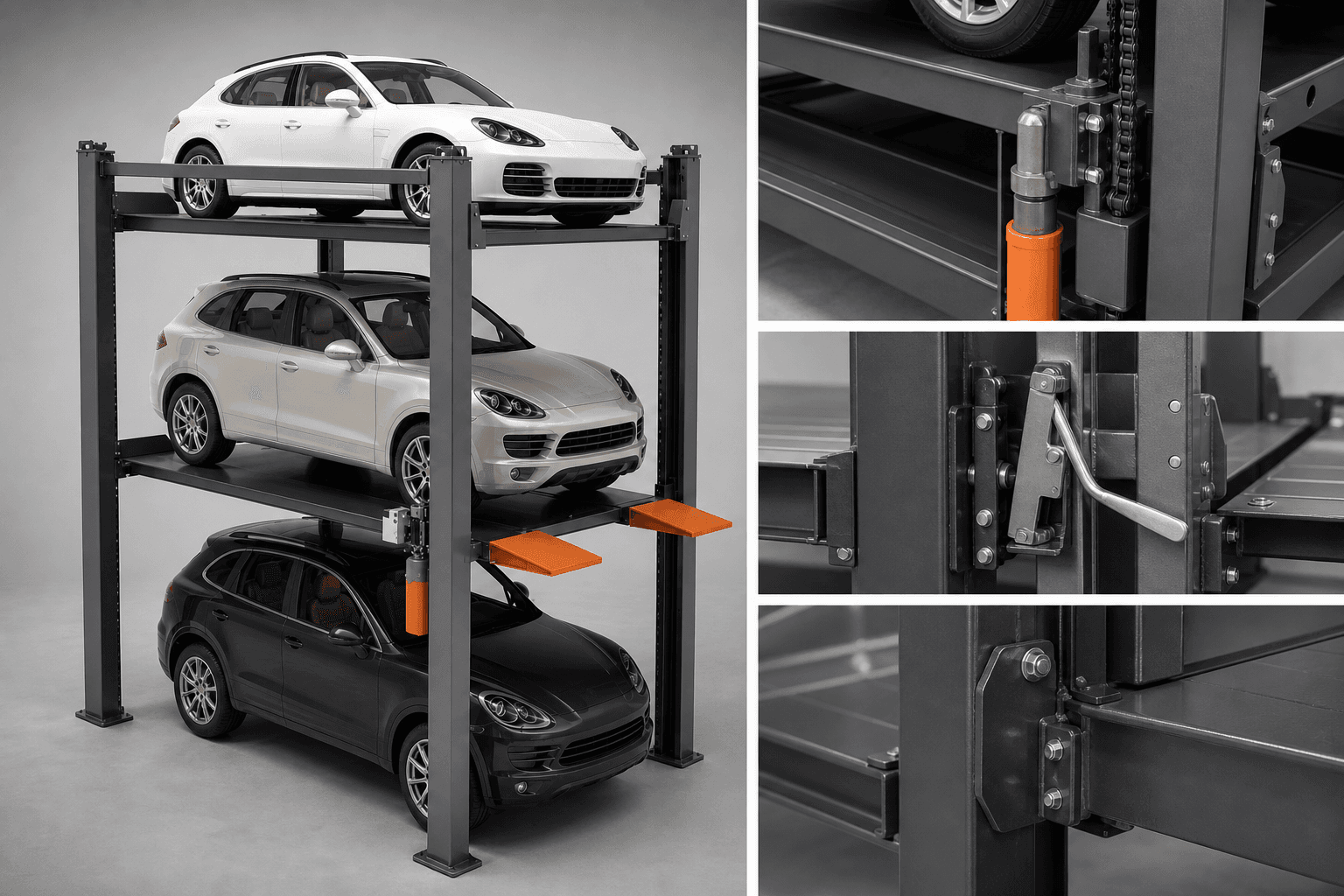 Compact Triple-Level Storage Lift: Multi-level heavy-duty vehicle storage